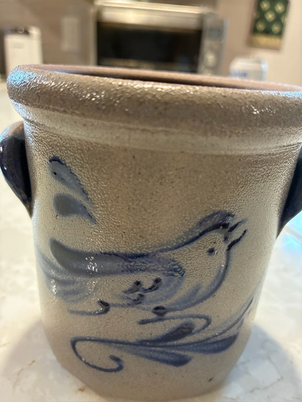 Handmade Rowe Pottery Mini Stoneware Crock with Blue Bird Motif